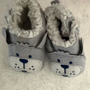 Kids Cozy Grey Plush-Lined Puppy Slip-On Shoes